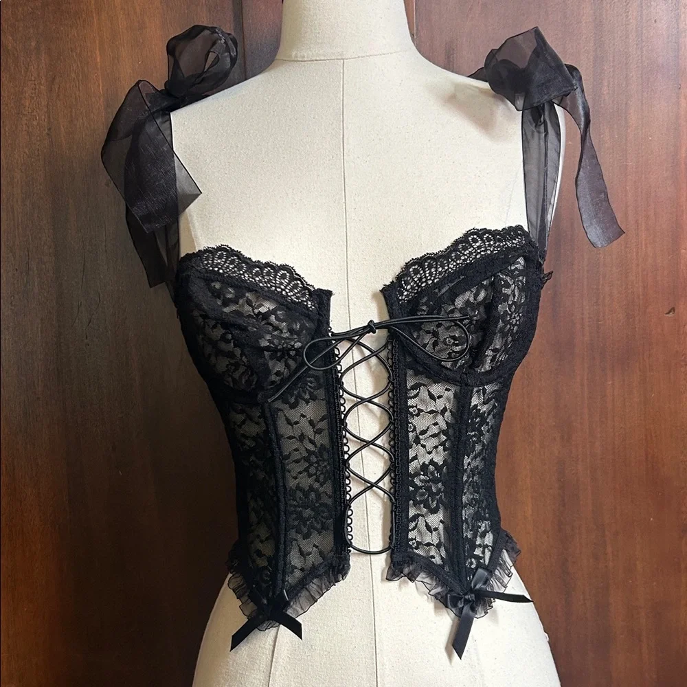 Black Lace Corset with Sheer Organza Bow Straps S - Picture 4 of 6